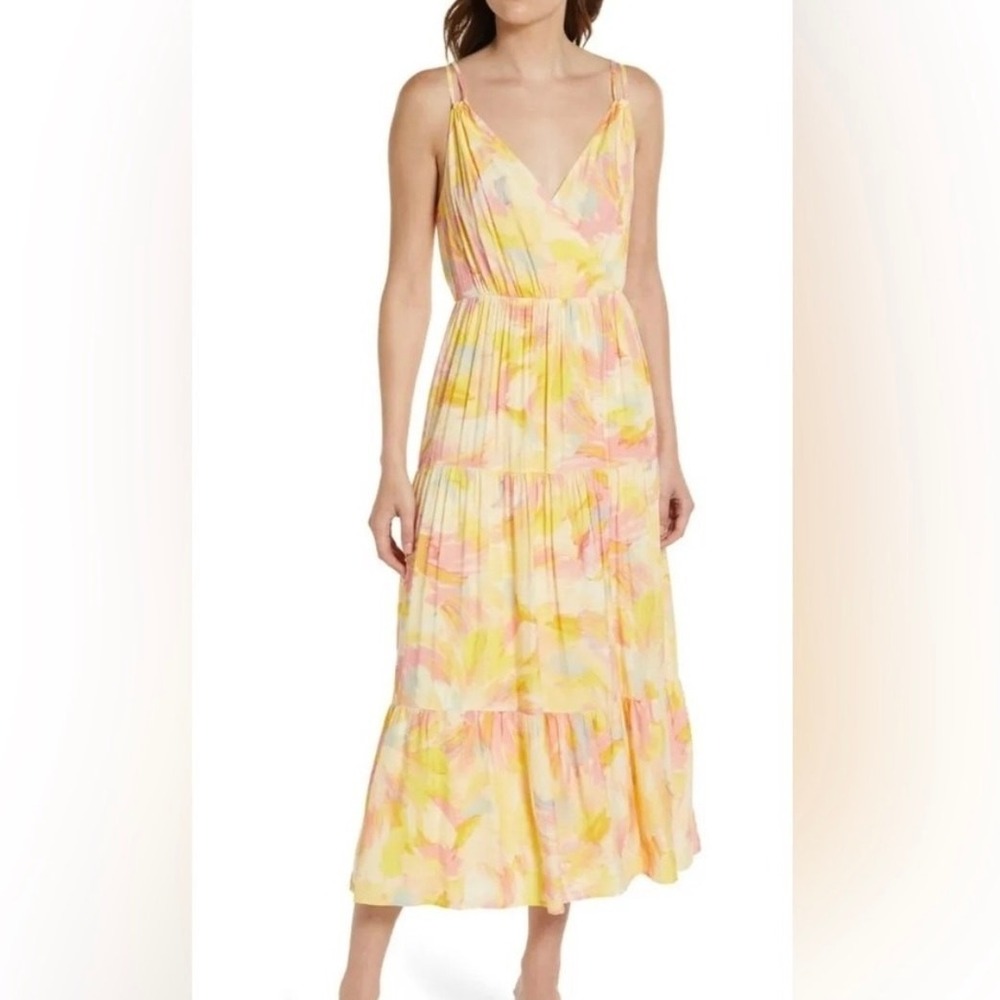 Adelyn Rae Connie Midi Dress Yellow Pink Watercolor Floral Tiered Size L
